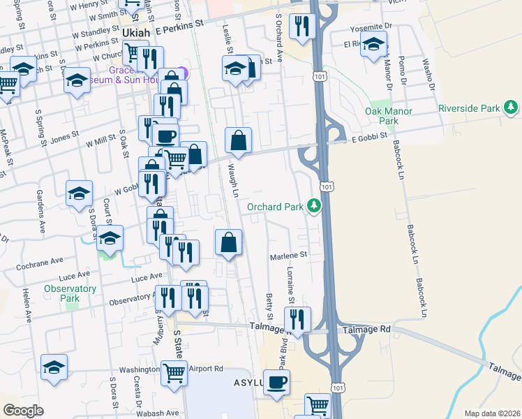 map of restaurants, bars, coffee shops, grocery stores, and more near 425 East Gobbi Street in Ukiah