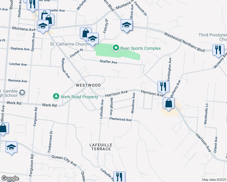map of restaurants, bars, coffee shops, grocery stores, and more near 2644 Harrison Avenue in Cincinnati