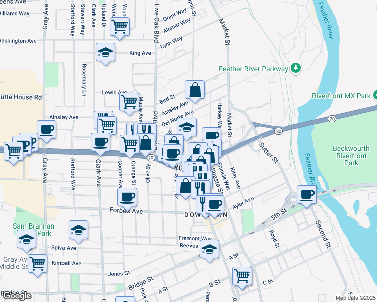map of restaurants, bars, coffee shops, grocery stores, and more near Baptist Lane in Yuba City