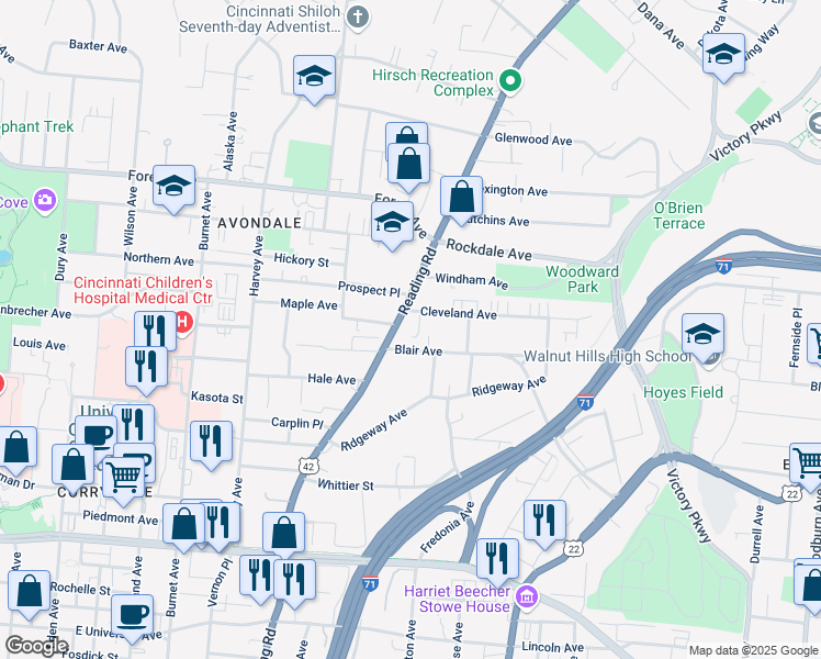 map of restaurants, bars, coffee shops, grocery stores, and more near 3418 Reading Road in Cincinnati