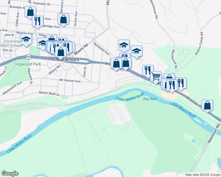 map of restaurants, bars, coffee shops, grocery stores, and more near 7215 Mariemont Crescent in Cincinnati