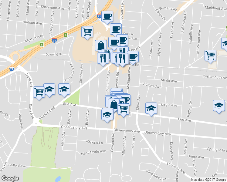 map of restaurants, bars, coffee shops, grocery stores, and more near 3578 Zumstein Avenue in Cincinnati