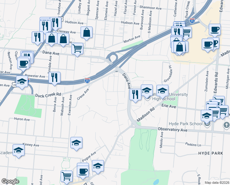 map of restaurants, bars, coffee shops, grocery stores, and more near 3555 Potomac Avenue in Cincinnati
