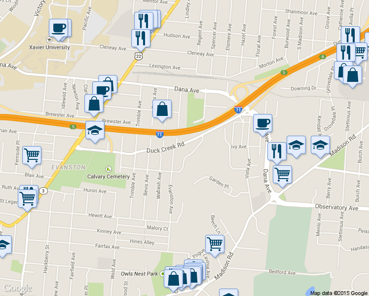map of restaurants, bars, coffee shops, grocery stores, and more near 2174 Duck Creek Road in Cincinnati