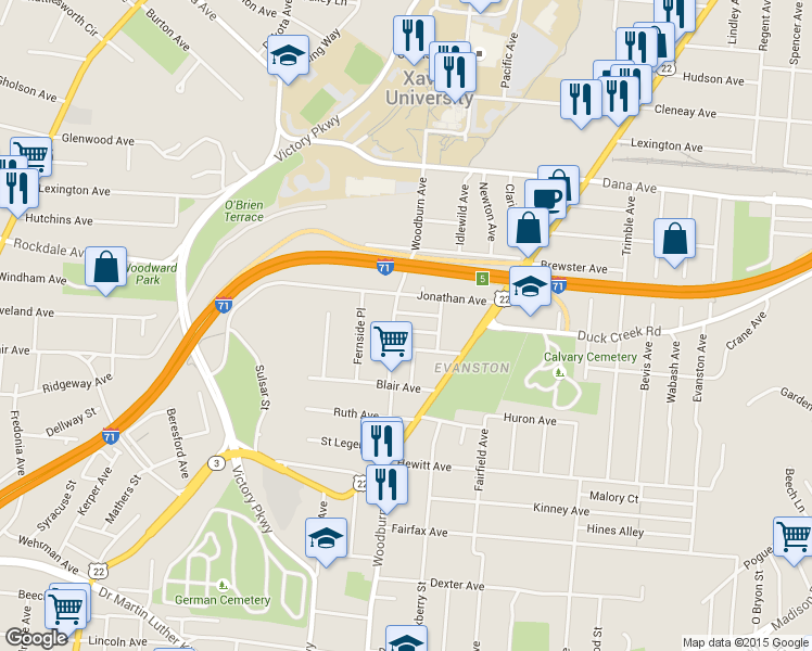 map of restaurants, bars, coffee shops, grocery stores, and more near 3475 Woodburn Avenue in Cincinnati