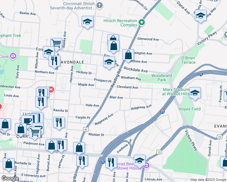 map of restaurants, bars, coffee shops, grocery stores, and more near 3445 Reading Road in Cincinnati