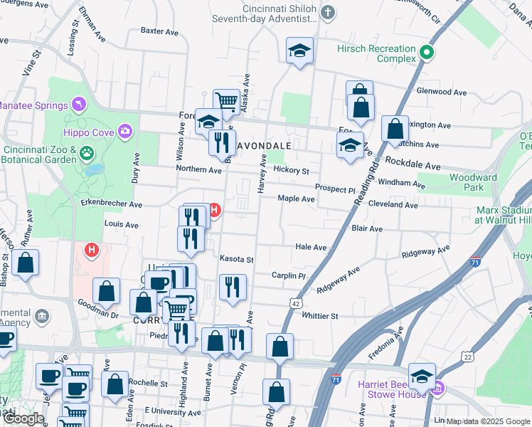 map of restaurants, bars, coffee shops, grocery stores, and more near 3340 Harvey Avenue in Cincinnati