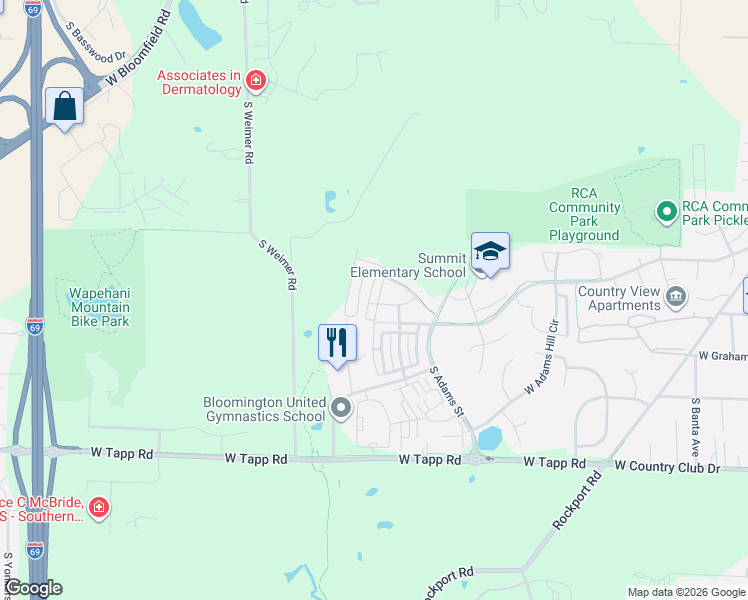 map of restaurants, bars, coffee shops, grocery stores, and more near 1900 South Weimer Road in Bloomington