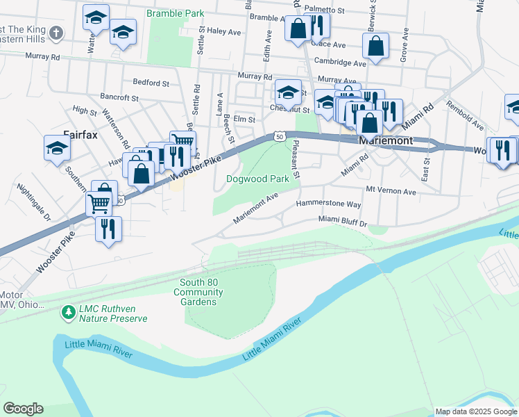 map of restaurants, bars, coffee shops, grocery stores, and more near 6607 Mariemont Avenue in Cincinnati