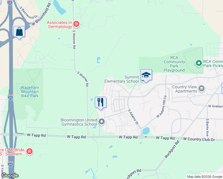 map of restaurants, bars, coffee shops, grocery stores, and more near 1900 South Weimer Road in Bloomington