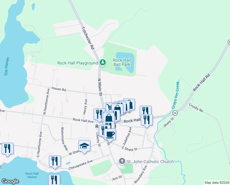 map of restaurants, bars, coffee shops, grocery stores, and more near 21336 Haven Road in Rock Hall