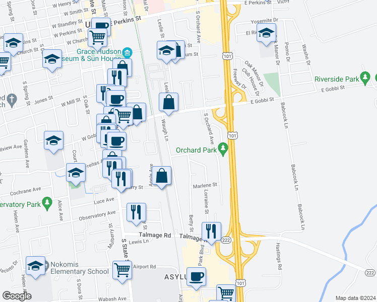 map of restaurants, bars, coffee shops, grocery stores, and more near 830 Cooper Lane in Ukiah