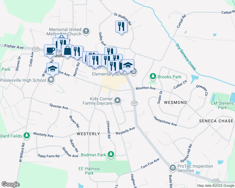 map of restaurants, bars, coffee shops, grocery stores, and more near 19646 Wootton Avenue in Poolesville