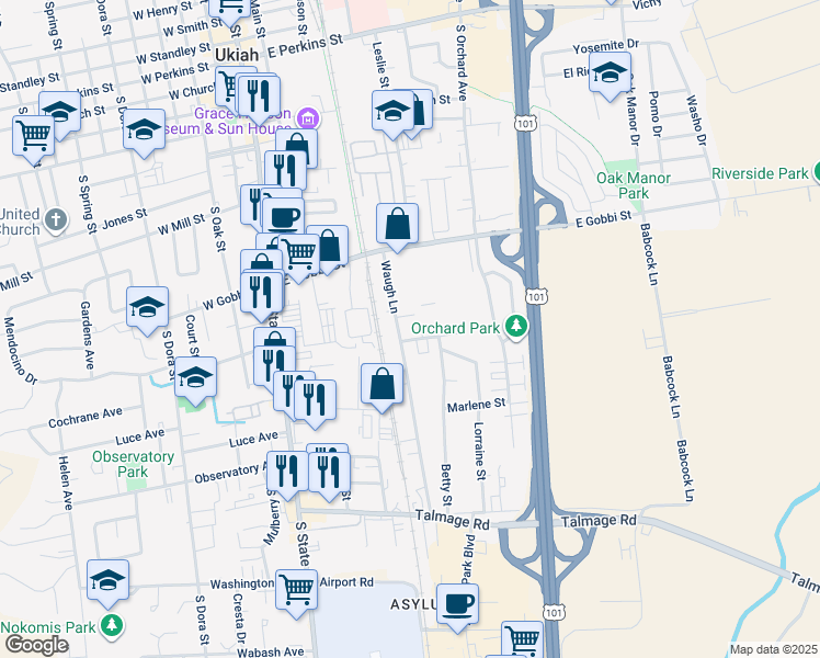 map of restaurants, bars, coffee shops, grocery stores, and more near 573 Waugh Lane in Ukiah