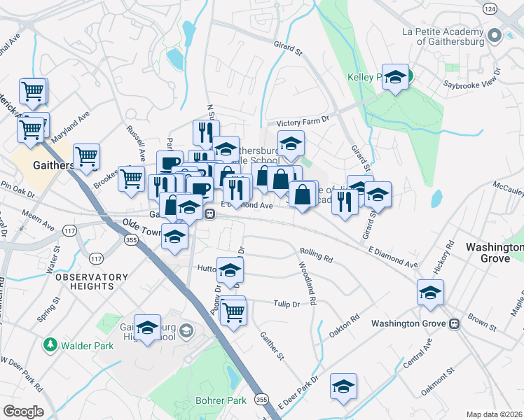 map of restaurants, bars, coffee shops, grocery stores, and more near 411 East Diamond Avenue in Gaithersburg