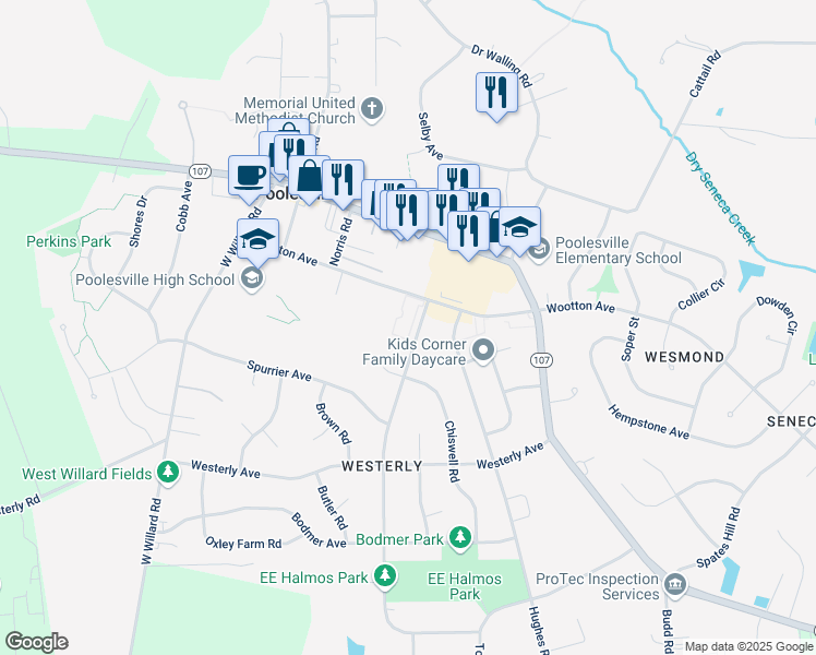 map of restaurants, bars, coffee shops, grocery stores, and more near 17500 Hoskinson Road in Poolesville