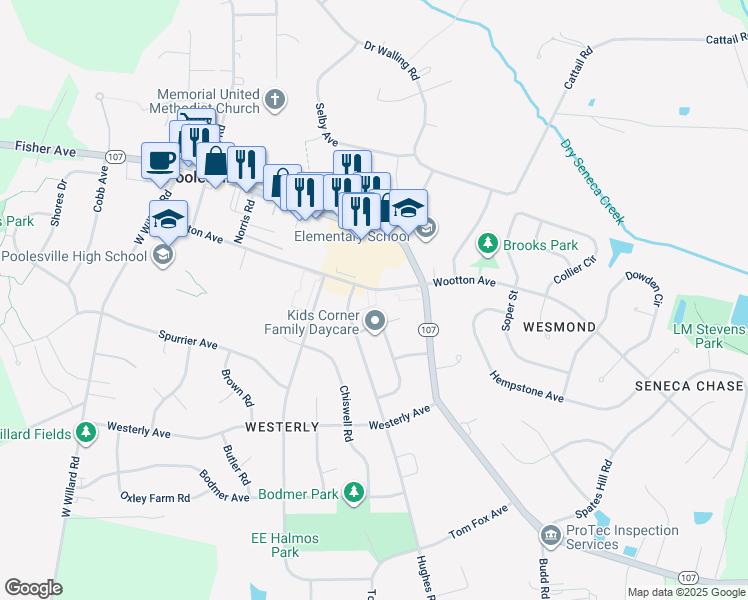 map of restaurants, bars, coffee shops, grocery stores, and more near 19646 Wootton Avenue in Poolesville