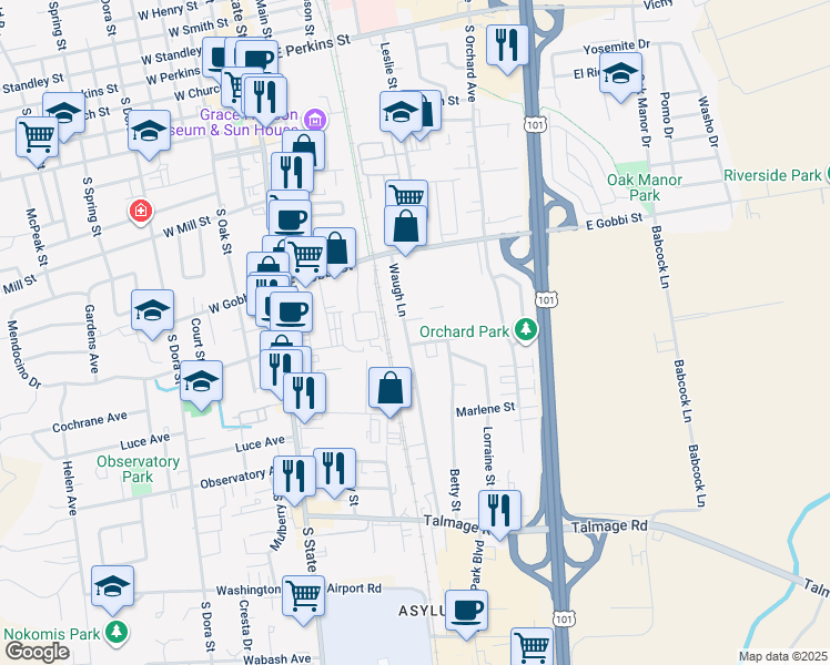map of restaurants, bars, coffee shops, grocery stores, and more near 573 Waugh Lane in Ukiah