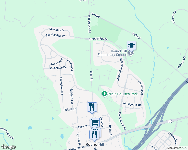 map of restaurants, bars, coffee shops, grocery stores, and more near 71 Main Street in Round Hill