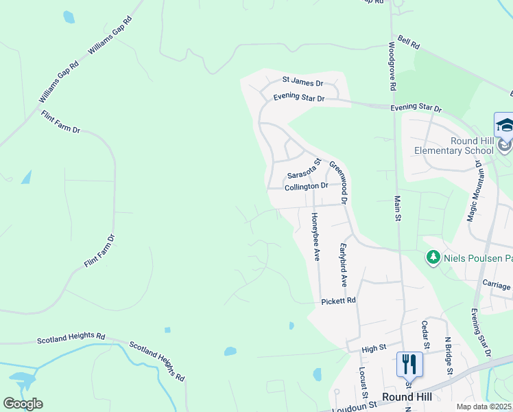 map of restaurants, bars, coffee shops, grocery stores, and more near 35474 Turtle Hill Drive in Round Hill
