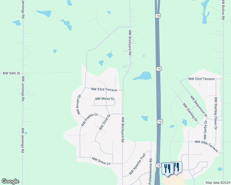 map of restaurants, bars, coffee shops, grocery stores, and more near 4317 Northwest 53rd Terrace in Topeka