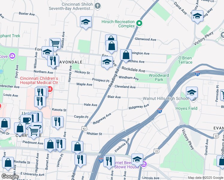 map of restaurants, bars, coffee shops, grocery stores, and more near 3418 Reading Road in Cincinnati