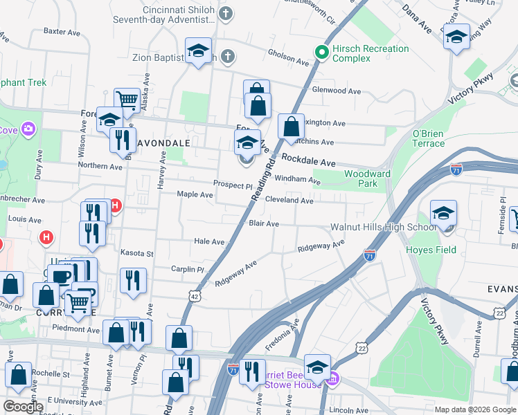 map of restaurants, bars, coffee shops, grocery stores, and more near 3418 Reading Road in Cincinnati