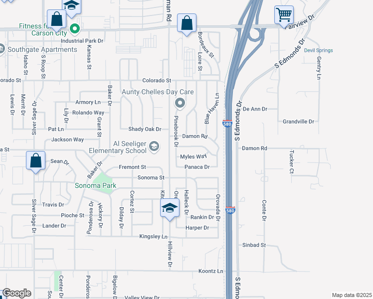 map of restaurants, bars, coffee shops, grocery stores, and more near 1659 Maple Creek Lane in Carson City