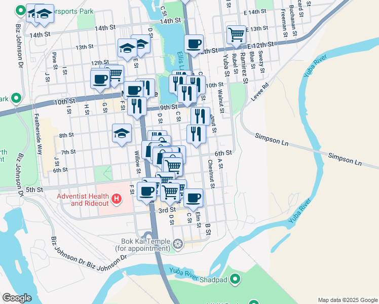 map of restaurants, bars, coffee shops, grocery stores, and more near 214 7th Street in Marysville
