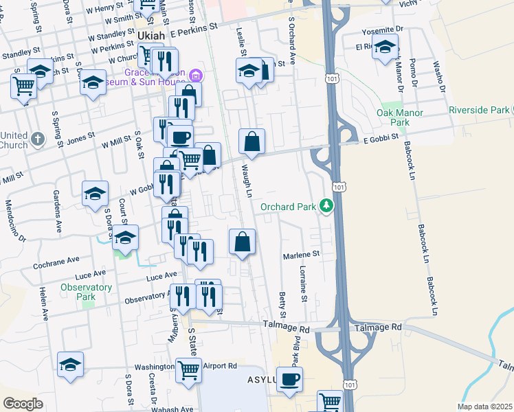 map of restaurants, bars, coffee shops, grocery stores, and more near 573 Waugh Lane in Ukiah