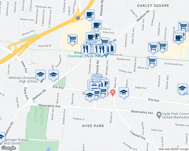 map of restaurants, bars, coffee shops, grocery stores, and more near 3578 Zumstein Avenue in Cincinnati