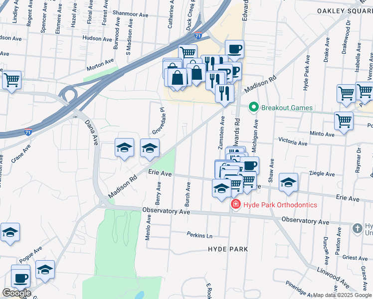 map of restaurants, bars, coffee shops, grocery stores, and more near 3565 Burch Avenue in Cincinnati