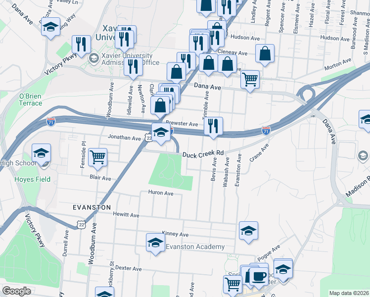map of restaurants, bars, coffee shops, grocery stores, and more near 3531 Hudson Avenue in Cincinnati