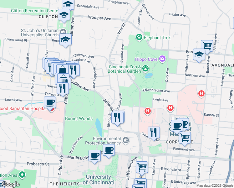 map of restaurants, bars, coffee shops, grocery stores, and more near 3360 Bishop Street in Cincinnati