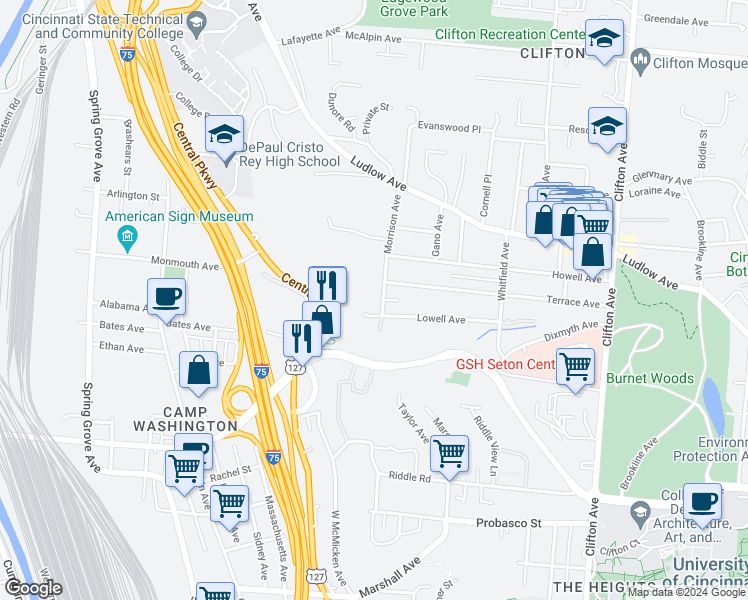 map of restaurants, bars, coffee shops, grocery stores, and more near 3301 Morrison Avenue in Cincinnati