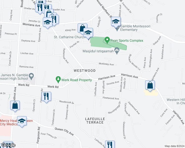 map of restaurants, bars, coffee shops, grocery stores, and more near 2747 Powell Drive in Cincinnati
