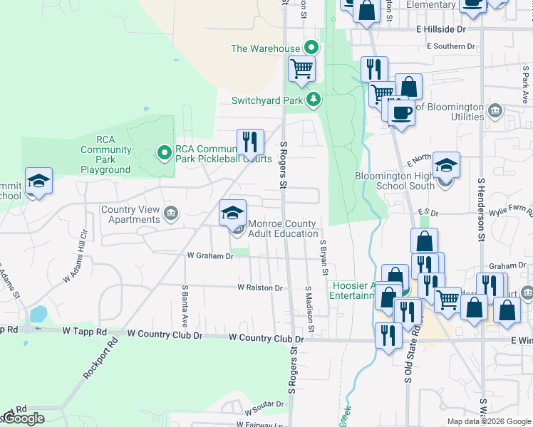 map of restaurants, bars, coffee shops, grocery stores, and more near 2222 South Rogers Street in Bloomington