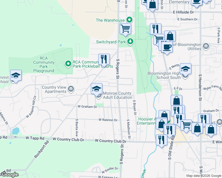map of restaurants, bars, coffee shops, grocery stores, and more near 2222 South Rogers Street in Bloomington