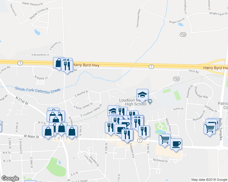 map of restaurants, bars, coffee shops, grocery stores, and more near 508 East Skyline Drive in Purcellville
