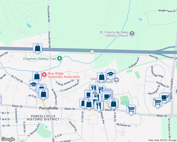 map of restaurants, bars, coffee shops, grocery stores, and more near 508 East Skyline Drive in Purcellville