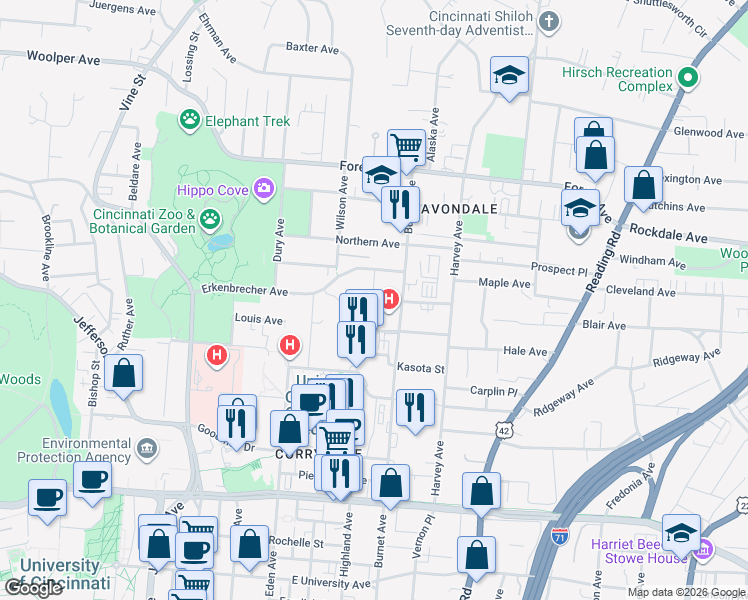 map of restaurants, bars, coffee shops, grocery stores, and more near 3333 Burnet Avenue in Cincinnati