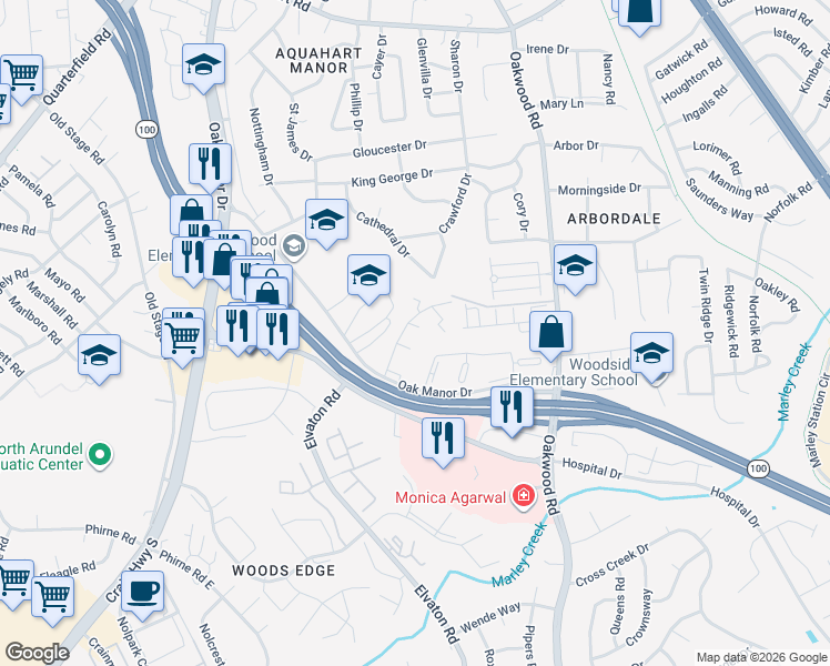 map of restaurants, bars, coffee shops, grocery stores, and more near 285 Maxo Court in Glen Burnie