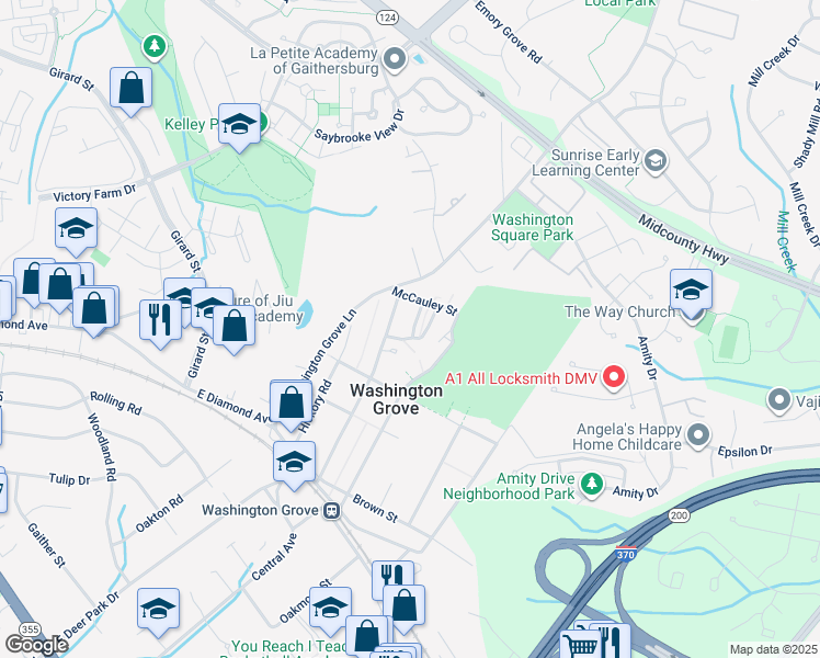 map of restaurants, bars, coffee shops, grocery stores, and more near 407 Acorn Lane in Washington Grove