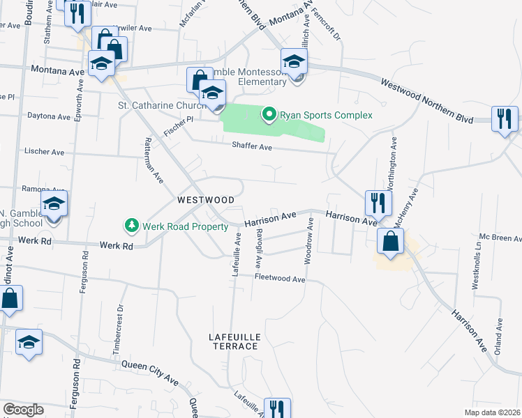 map of restaurants, bars, coffee shops, grocery stores, and more near 2705 McKinley Avenue in Cincinnati