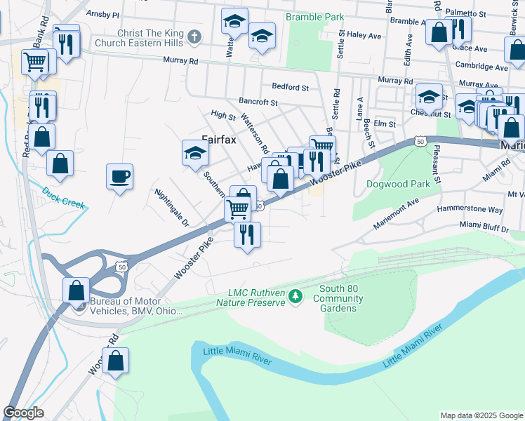 map of restaurants, bars, coffee shops, grocery stores, and more near 5903 Wooster Pike in Cincinnati