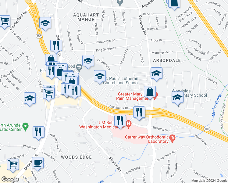 map of restaurants, bars, coffee shops, grocery stores, and more near 255 Woodoak Court in Glen Burnie