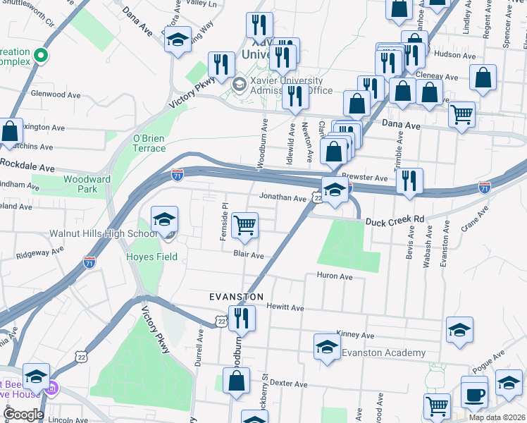 map of restaurants, bars, coffee shops, grocery stores, and more near 3475 Greenlawn Avenue in Cincinnati