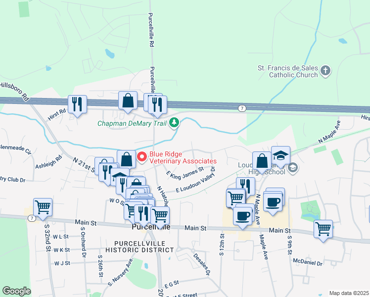 map of restaurants, bars, coffee shops, grocery stores, and more near 241 East Skyline Drive in Purcellville
