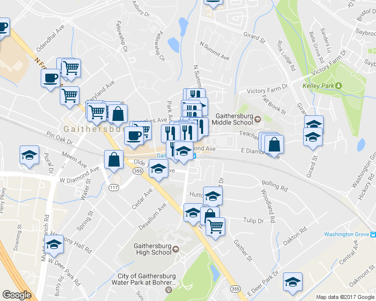 map of restaurants, bars, coffee shops, grocery stores, and more near 227 East Diamond Avenue in Gaithersburg