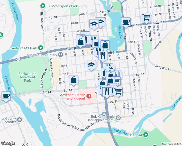 map of restaurants, bars, coffee shops, grocery stores, and more near 628 F Street in Marysville